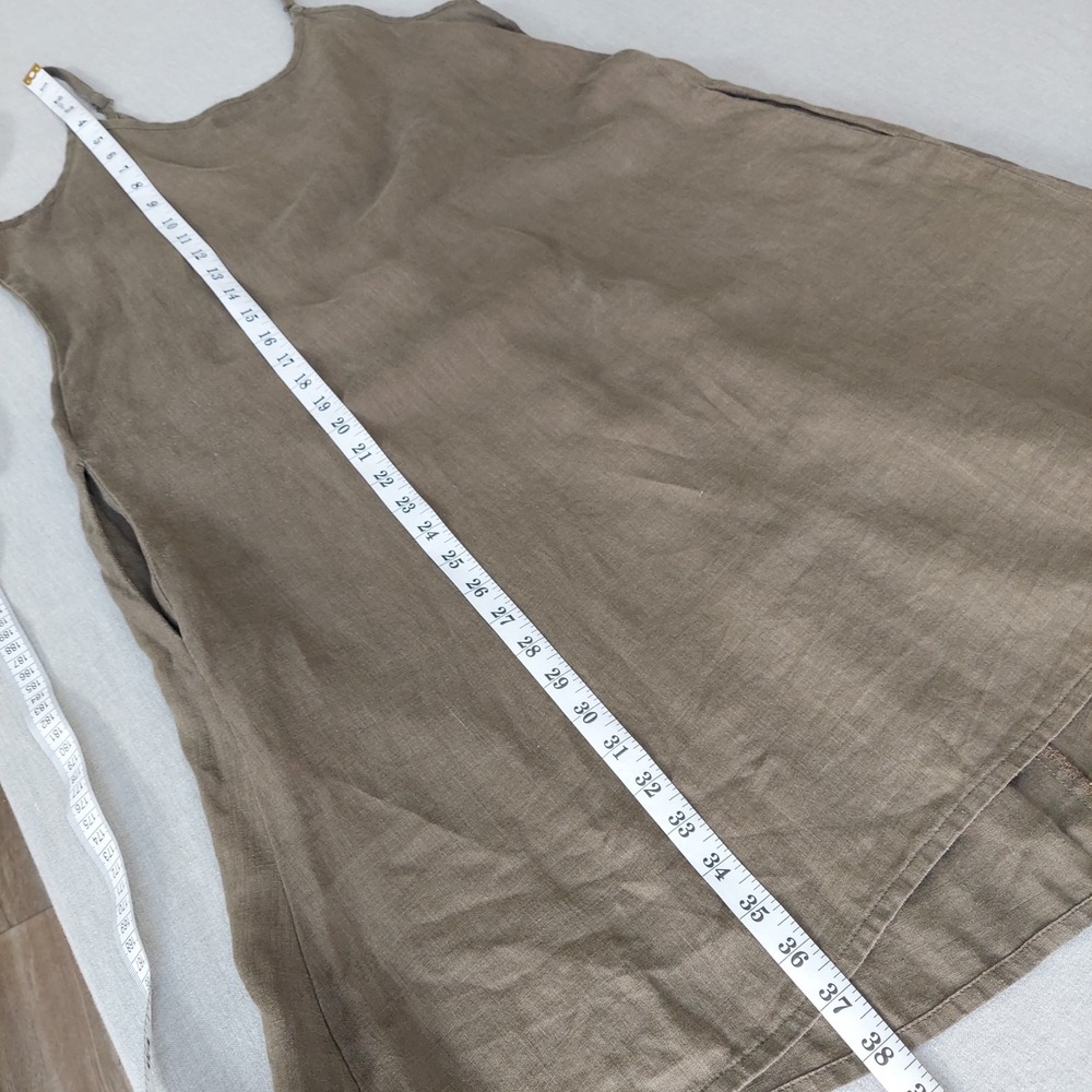 FLAX Linen Dress S Olive Green Sleeveless Pockets Lagenlook Minimalist Midi - Picture 9 of 10